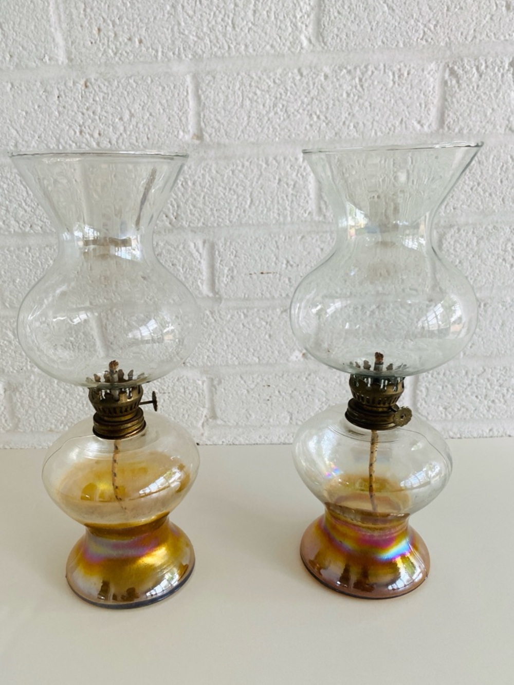 Pair of Vintage Iridescent Glass Oil Hurricane Lamps
